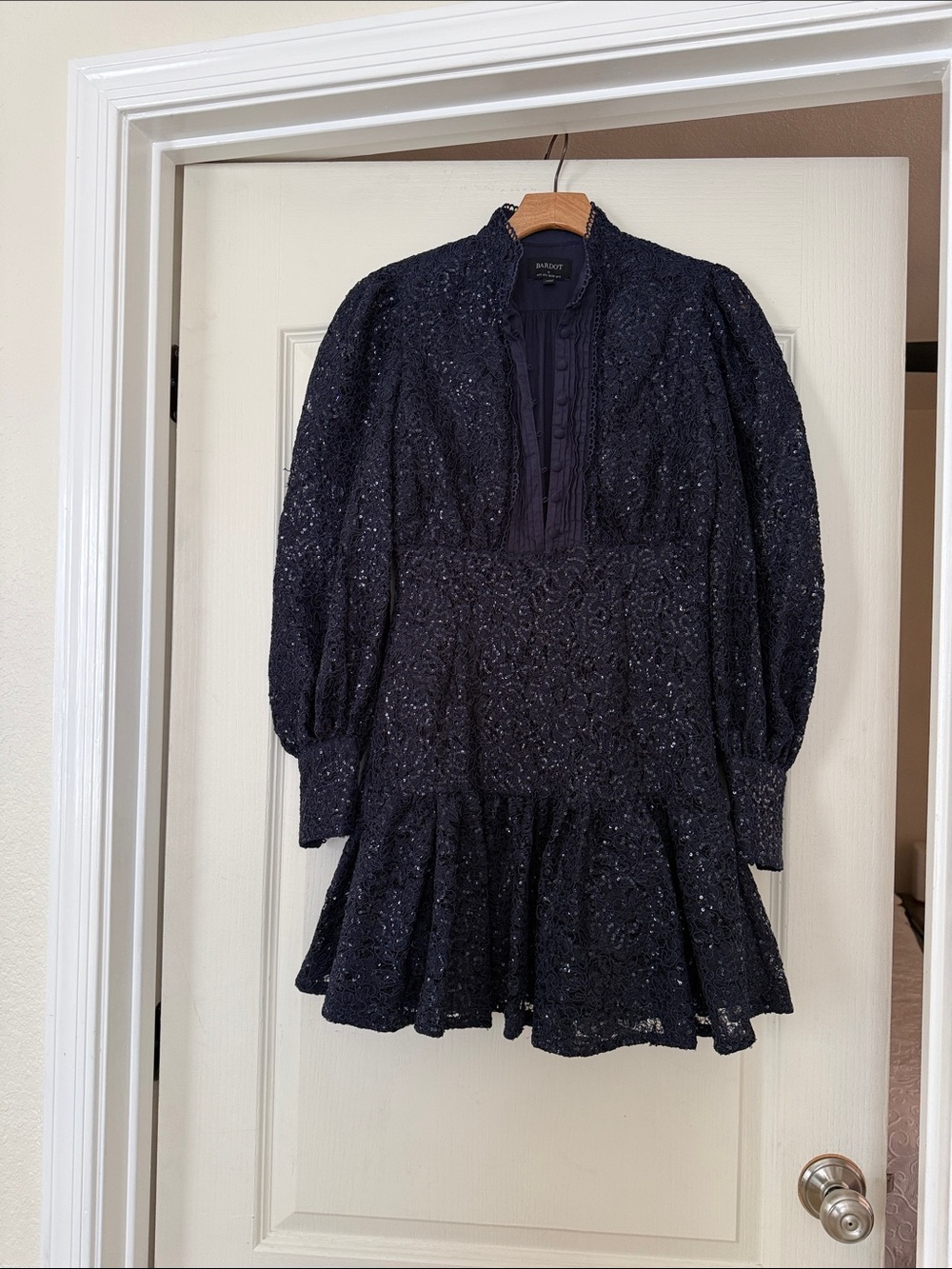 Bardot Remy mini Deep Navy Lace Trim Button-Front Top